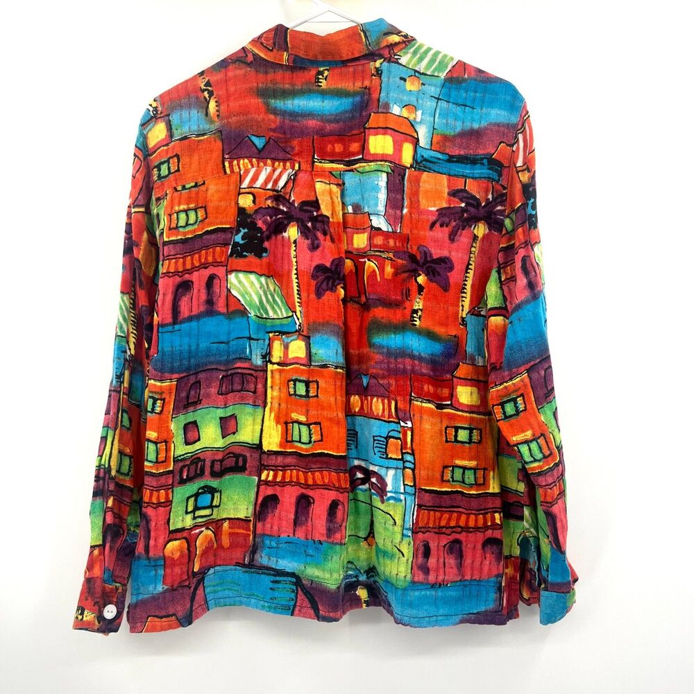 Chico's 100% Linen Button Up Shirt Colorful Village Cityscape Art Print Size 2 L